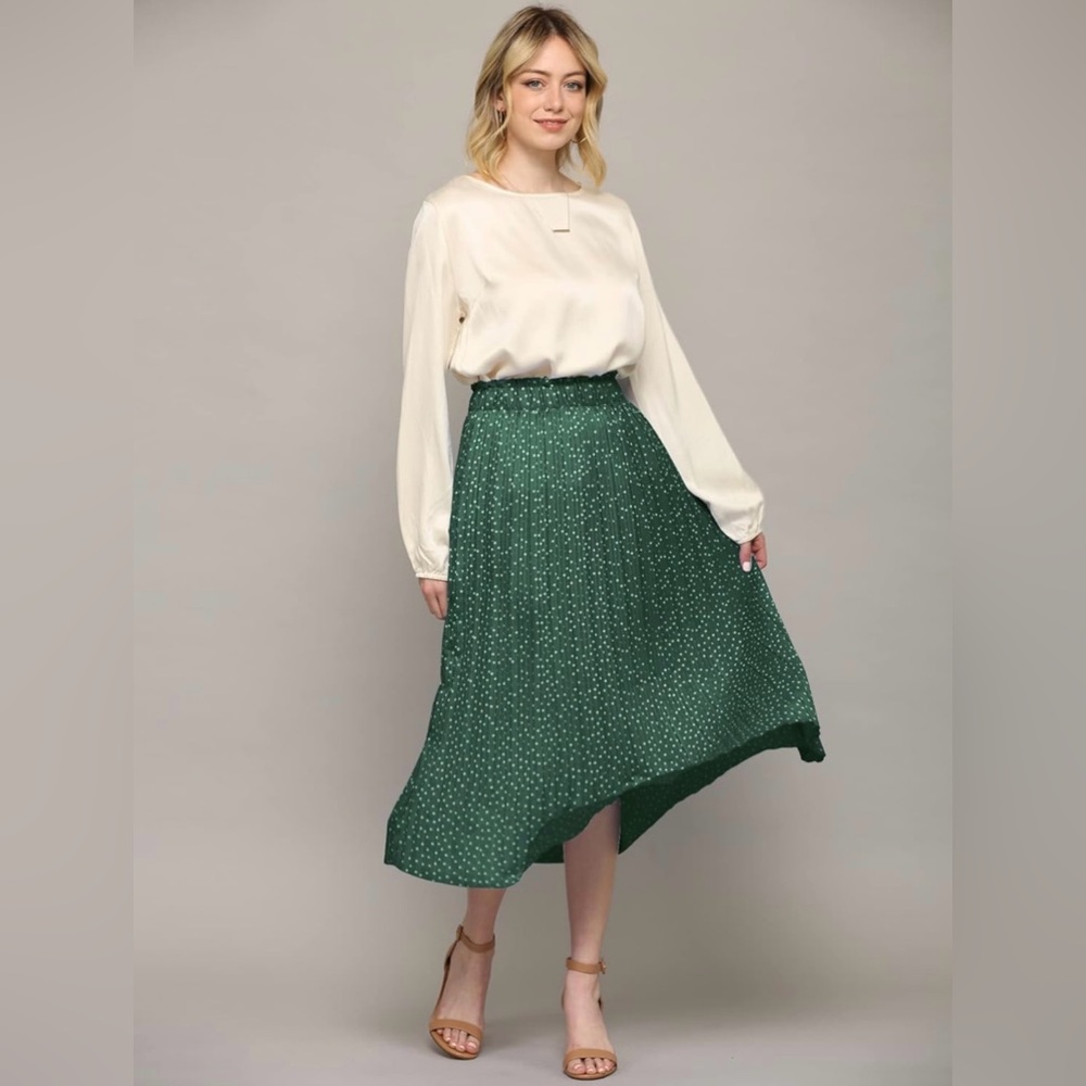 High Waist Polka Dot Pleated Midi Swing Skirt with Pockets -green - Picture 4 of 6